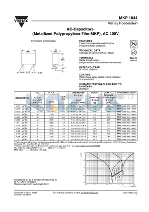 MKP1844 datasheet - AC-Capacitors (Metallized Polypropylene Film-MKP), AC 400V