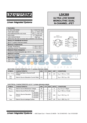 LSK389-C-SOIC-8 datasheet - ULTRA LOW NOISE MONOLITHIC DUAL N-CHANNEL JFET