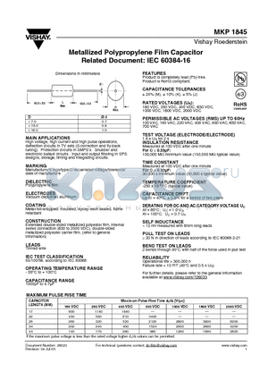MKP1845 datasheet - Metallized Polypropylene Film Capacitor