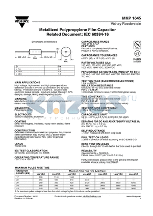 MKP1845 datasheet - Metallized Polypropylene Film Capacitor Related Document: IEC 60384-16