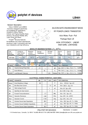 LB401 datasheet - SILICON GATE ENHANCEMENT MODE RF POWER LDMOS TRANSISTOR