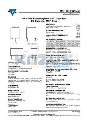 MKP1848 datasheet - Metallized Polypropylene Film Capacitors DC Capacitor MKP Type