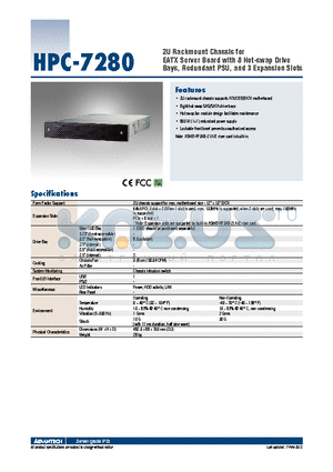 HPC-7280-R8A1E datasheet - 2U Rackmount Chassis for EATX Server Board with 8 Hot-swap Drive Bays, Redundant PSU, and 3 Expansion Slots