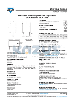 MKP1848412704P4 datasheet - Metallized Polypropylene Film Capacitors DC Capacitor MKP Type