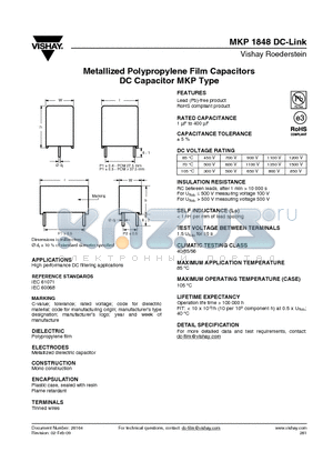 MKP1848510094K2 datasheet - Metallized Polypropylene Film Capacitors DC Capacitor MKP Type