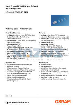 LB5433 datasheet - Hyper 5 mm (T1 n) LED, Non Diffused Hyper-Bright LED