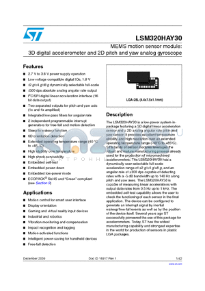 LSM320HAY30 datasheet - MEMS motion sensor module: 3D digital accelerometer and 2D pitch and yaw analog gyroscope