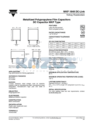 MKP1848520454K2 datasheet - Metallized Polypropylene Film Capacitors DC Capacitor MKP Type