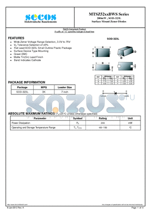 MTSZ5221BWS datasheet - 200mW , SOD-323L Surface Mount Zener Diodes
