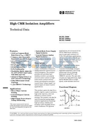 HPCL7800 datasheet - High CMR Isolation Amplifiers