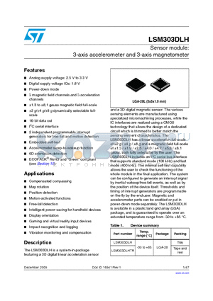 LSM303DLH datasheet - Sensor module: 3-axis accelerometer and 3-axis magnetometer