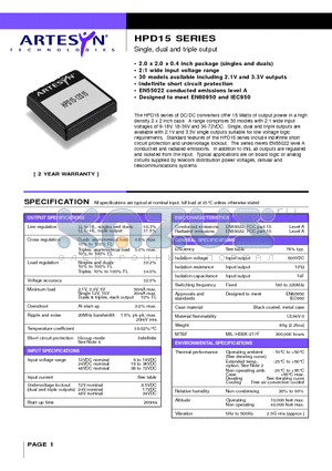 HPD15-12S15 datasheet - Single, dual and triple output 15 Watt Wide input DC/DC converters