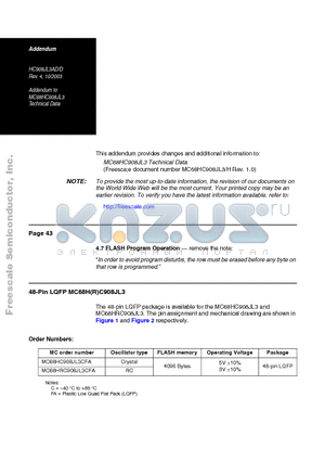 MC68HC908JL3CFA datasheet - Addendum to MC68HC908JL3 Technical Data