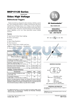 MKP1V130RL datasheet - Sidac High Voltage Bidirectional Triggers 0.9 AMPERES RMS 120 − 240 VOLTS