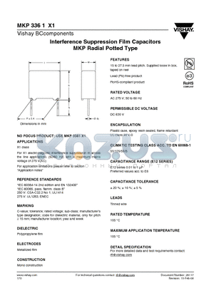 MKP3361X1 datasheet - Interference Suppression Film Capacitors MKP Radial Potted Type
