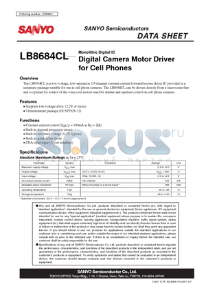 LB8684CL datasheet - Monolithic Digital IC Digital Camera Motor Driver for Cell Phones