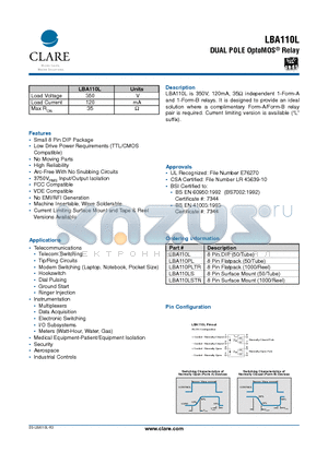 LBA110LSTR datasheet - DUAL POLE OptoMOS Relay