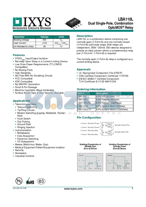 LBA110LSTR datasheet - Dual Single-Pole, Combination OptoMOS Relay