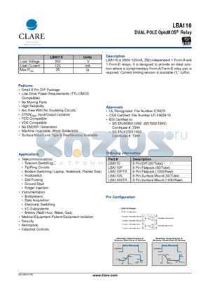 LBA110P datasheet - DUAL POLE OptoMOS Relay