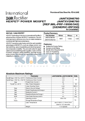 JANTX2N6760 datasheet - POWER MOSFET N-CHANNEL(BVdss=400V, Rds(on)=1.00ohm, Id=5.5A)