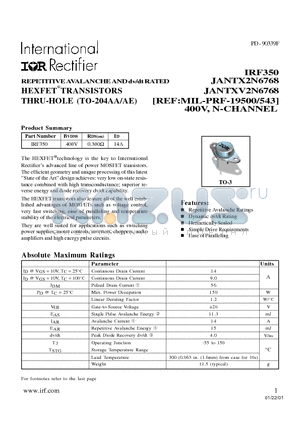 JANTX2N6768 datasheet - TRANSISTORS N-CHANNEL(Vdss=400V, Rds(on)=0.300ohm, Id=14A)
