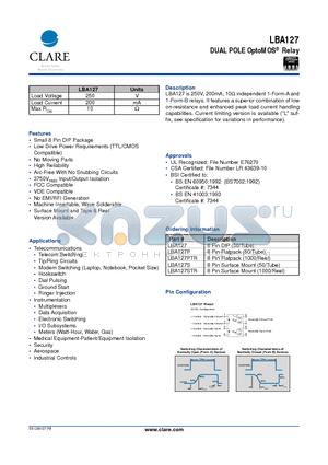 LBA127STR datasheet - DUAL POLE OptoMOS Relay
