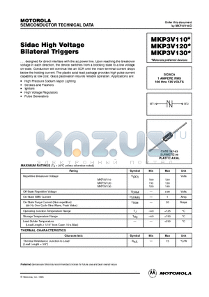 MKP3V110 datasheet - SIDACs 1 AMPERE RMS 100 thru 135 VOLTS