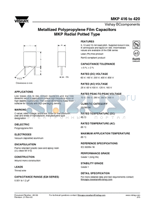 MKP416 datasheet - Metallized Polypropylene Film Capacitors MKP Radial Potted Type
