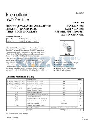 JANTX2N6798 datasheet - REPETITIVE AVALANCHE AND dv/dt RATED HEXFETTRANSISTORS THRU-HOLE (TO-205AF)