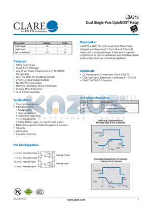 LBA716 datasheet - Dual Single-Pole OptoMOS^ Relay