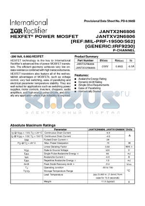 JANTX2N6806 datasheet - POWER MOSFET P-CHANNEL(BVdss=-200V, Rds(on)=0.80ohm, Id=-6.5A)