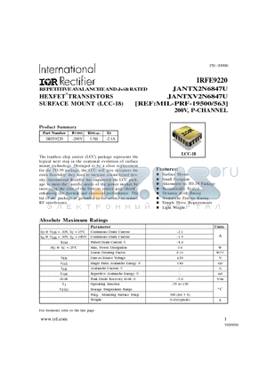 JANTX2N6847U datasheet - REPETITIVE AVALANCHE AND dv/dt RATED HEXFET TRANSISTORS SURFACE MOUNT (LCC-18)