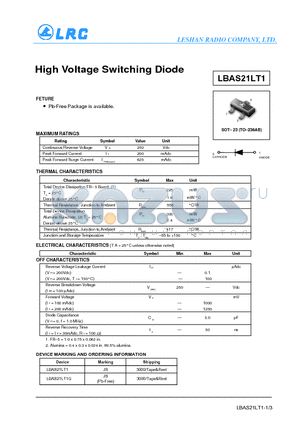 LBAS21LT1 datasheet - High Voltage Switching Diode
