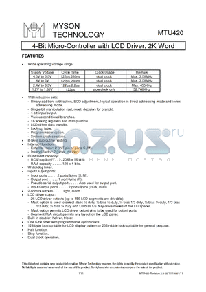 MTU420 datasheet - 4-Bit Micro-Controller with LCD Driver, 2K Word