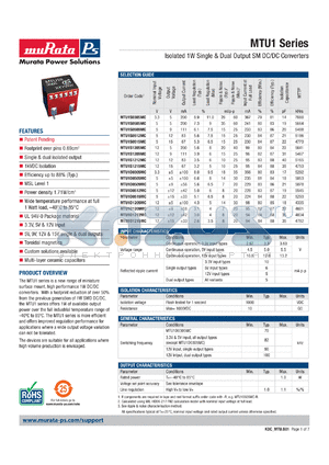 MTU1S1215MC datasheet - Isolated 1W Single & Dual Output SM DC/DC Converters