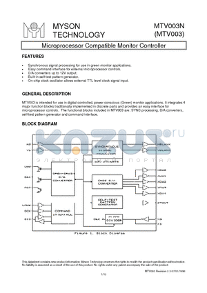 MTV003N datasheet - Microprocessor Compatible Monitor Controller