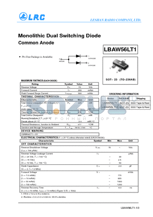 LBAW56LT1G datasheet - Monolithic Dual Switching Diode Common Anode