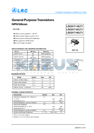 LBC817-16LT1G datasheet - General Purpose Transistors NPN Silicon