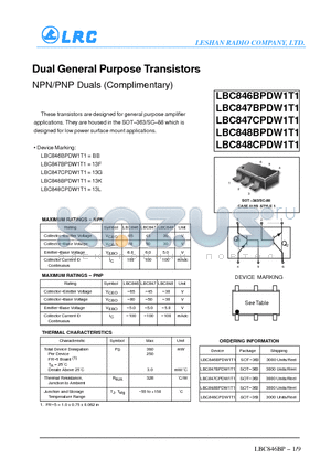 LBC846BPDW1T1 datasheet - Dual General Purpose Transistors NPN/PNP Duals (Complimentary)