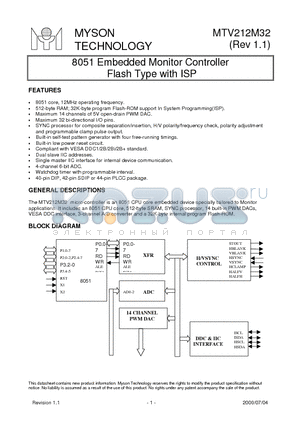 MTV212A48U datasheet - 8051 Embedded Monitor Controller Flash Type with ISP