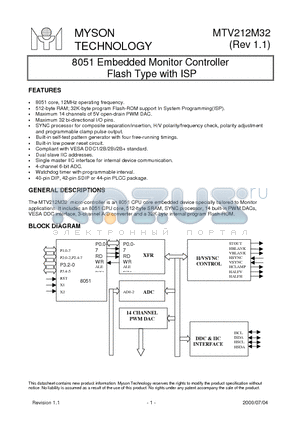 MTV212A32 datasheet - 8051 Embedded Monitor Controller Flash Type with ISP