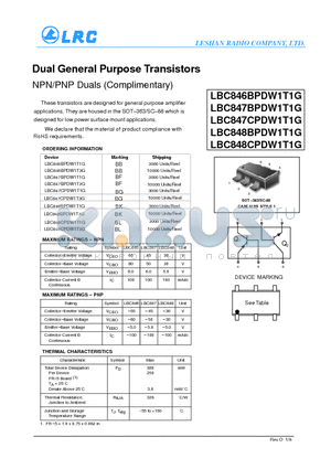 LBC847BPDW1T1G datasheet - Dual General Purpose Transistors NPN/PNP Duals (Complimentary)