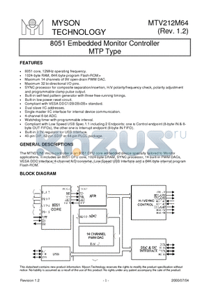 MTV212A64U datasheet - 8051 Embedded Monitor Controller MTP Type