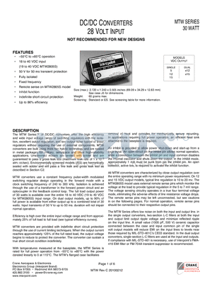 MTW2805S datasheet - 55`C to 85`C operation 18 to 40 VDC input 50 V for 50 ms transient protection