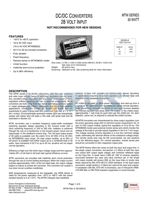 MTW2805S_10 datasheet - 55`C to 85`C operation 18 to 40 VDC input 50 V for 50 ms transient protection