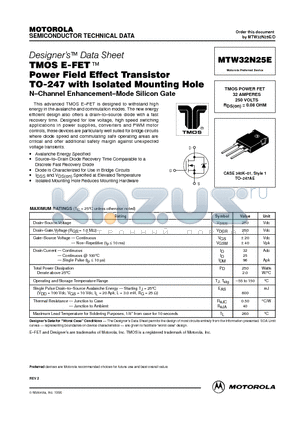 MTW32N25 datasheet - TMOS POWER FET 32 AMPERES 250 VOLTS RDS(on) = 0.08 OHM