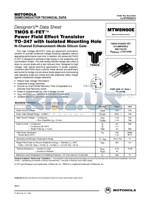 MTW8N60E/D datasheet - TMOS POWER FET 8.0 AMPERES 600 VOLTS RDS(on) = 0.55 OHM