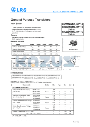 LBC857BWT1G datasheet - General Purpose Transistors PNP Silicon