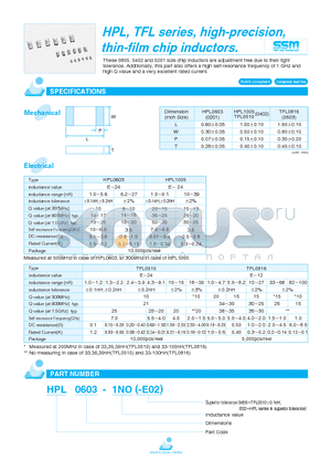 HPL1005 datasheet - HPL, TFL series, high-precision, thin-film chip inductors.