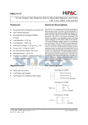 HPL1117-18G datasheet - 1A Low Dropout Fast Response Positive Adjustable Regulator and Fixed 1.8V, 2.5V, 2.85V, 3.3V and 5V